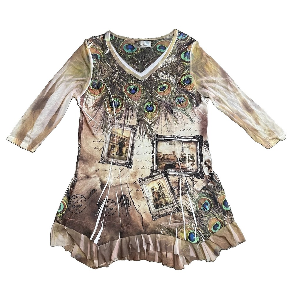 Cover Charge Women MED Tunic Peacock Rhinestone Art to Wear France Whimsy Fairy